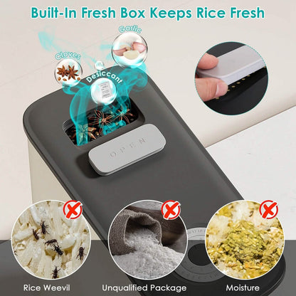 25LBS Vertical Rice Dispenser With Dustproof Lid Large Capacity Grain Storage Container With Measuring Cup Built-In