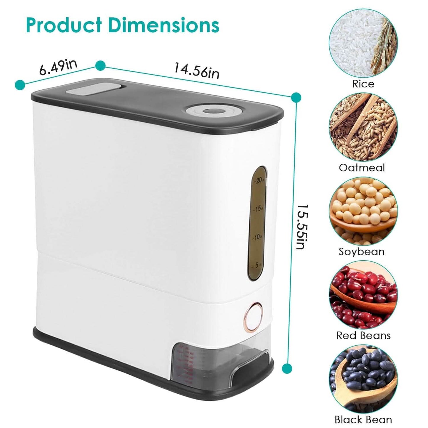 25LBS Vertical Rice Dispenser With Dustproof Lid Large Capacity Grain Storage Container With Measuring Cup Built-In