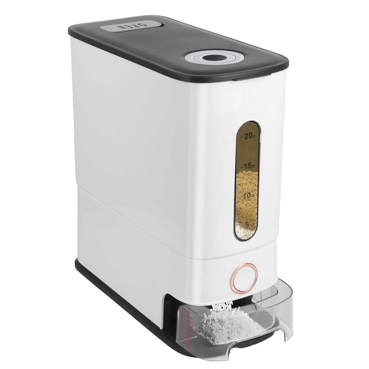 25LBS Vertical Rice Dispenser With Dustproof Lid Large Capacity Grain Storage Container With Measuring Cup Built-In