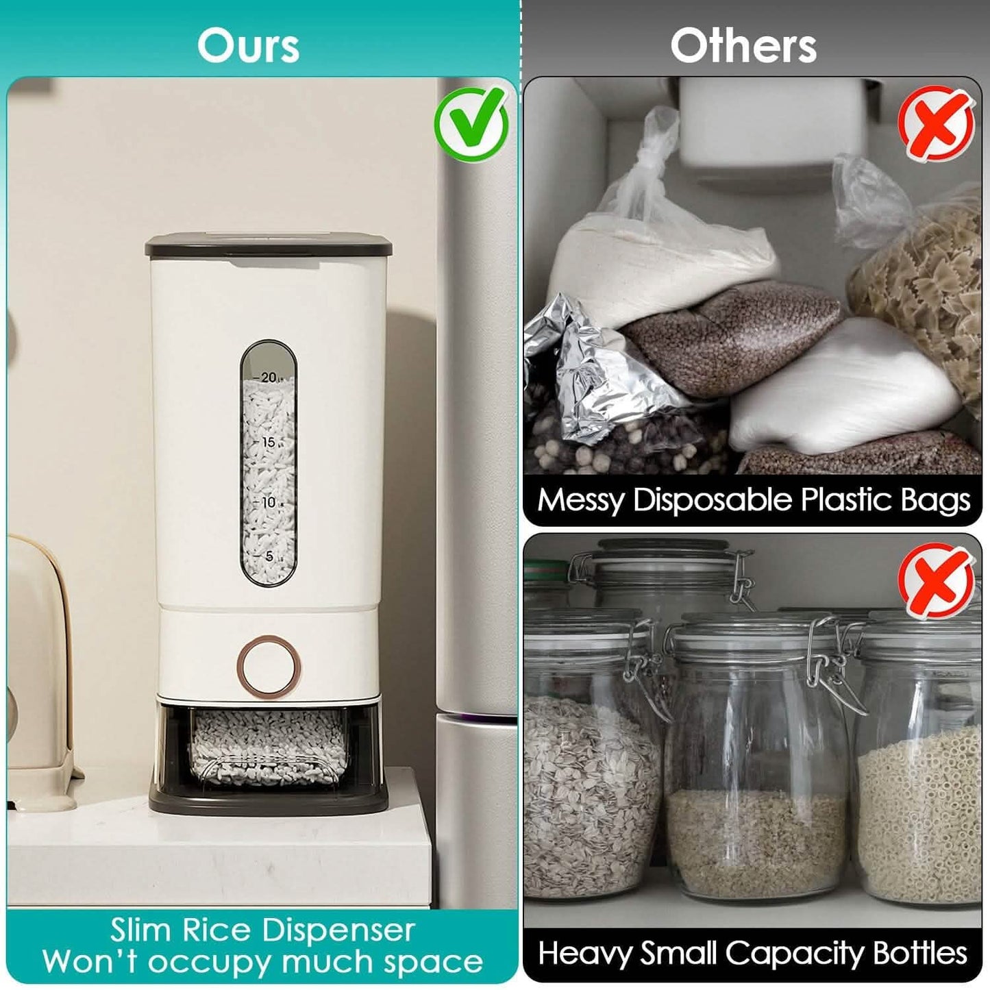 25LBS Vertical Rice Dispenser With Dustproof Lid Large Capacity Grain Storage Container With Measuring Cup Built-In