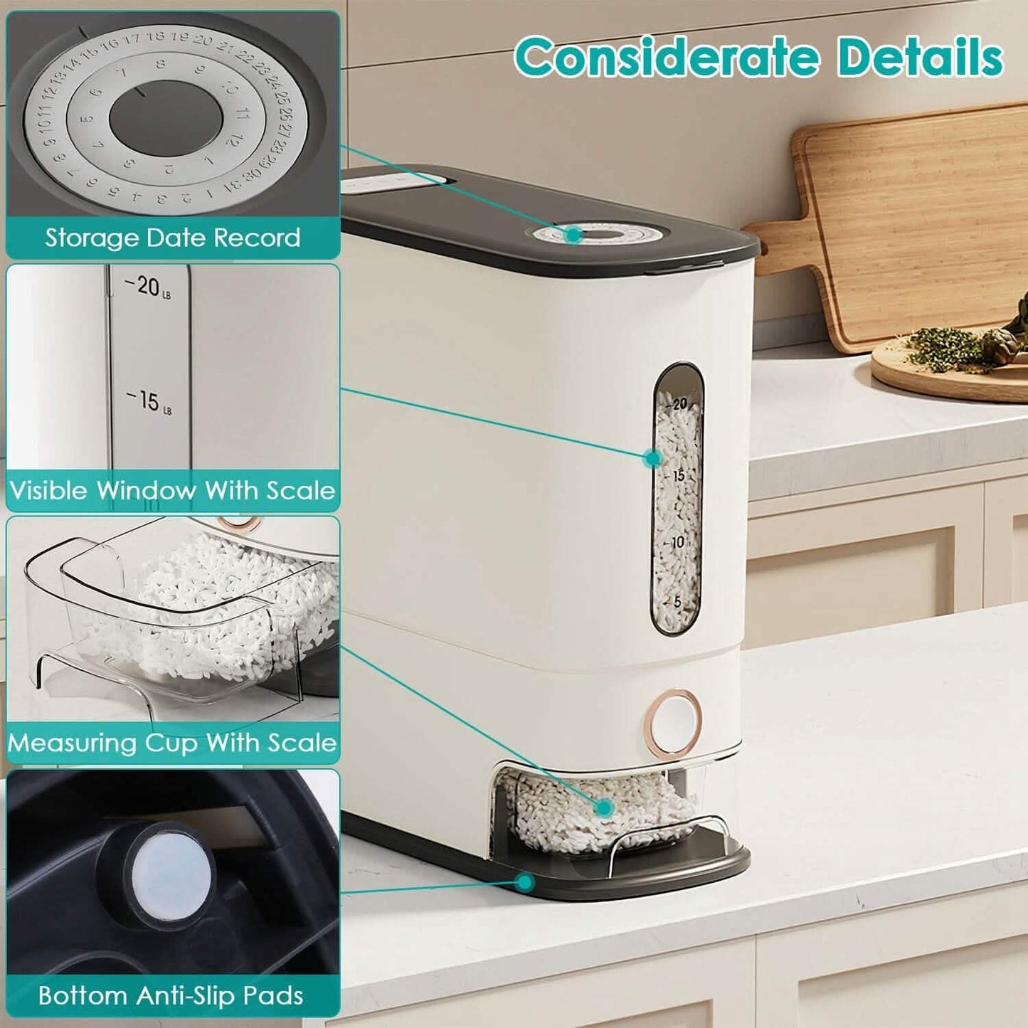 25LBS Vertical Rice Dispenser With Dustproof Lid Large Capacity Grain Storage Container With Measuring Cup Built-In