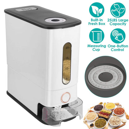25LBS Vertical Rice Dispenser With Dustproof Lid Large Capacity Grain Storage Container With Measuring Cup Built-In