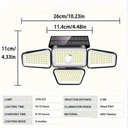 270 LEDs Solar Wall Light With Motion Sensor - 4 Head Lamp, 3 Lighting Modes Wide Angle Security Wireless Flood Light