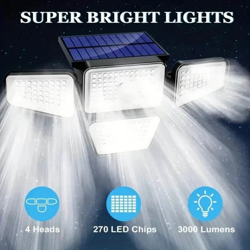 270 LEDs Solar Wall Light With Motion Sensor - 4 Head Lamp, 3 Lighting Modes Wide Angle Security Wireless Flood Light