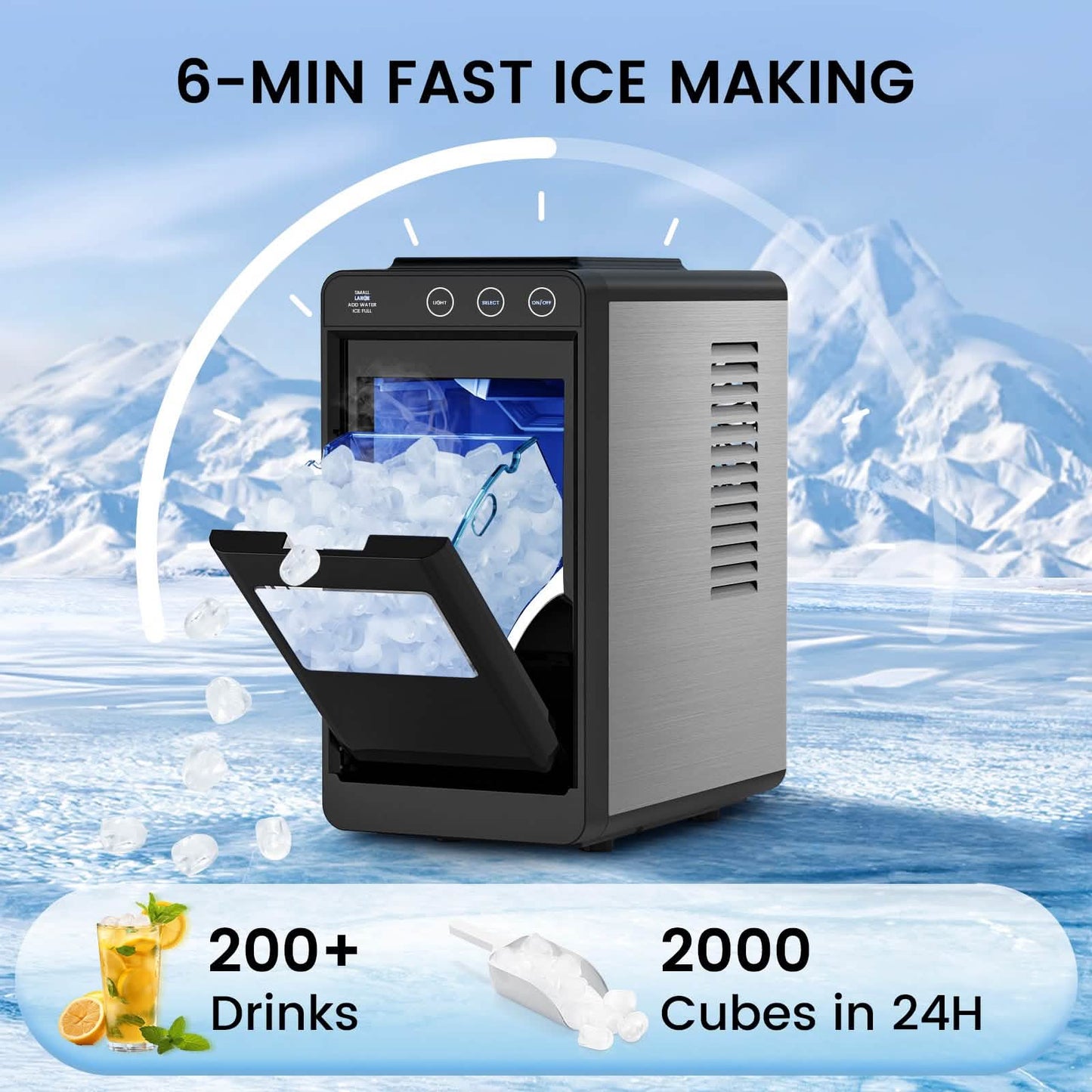 Portable Countertop Ice Maker – 8 Cubes/6 Min, Self-Cleaning