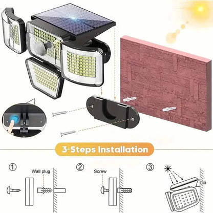 278LEDs 3000LM Motion Sensor 6500K Solar Powered, 4 Heads Security Flood, 300° Wide Angle Wall With 3 Modes