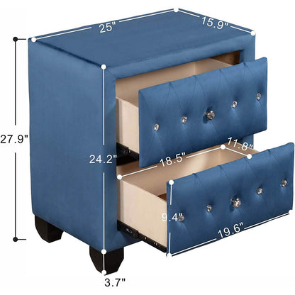 27.9" Tall Bedside Table Blue Upholstered Velvet 2-Drawer Nightstand