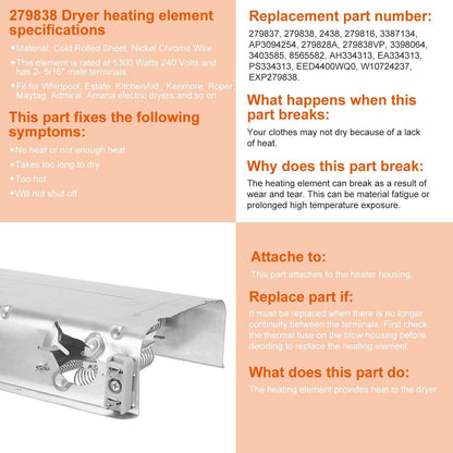 279838 Dryer Heating Element Assembly Replacement Part