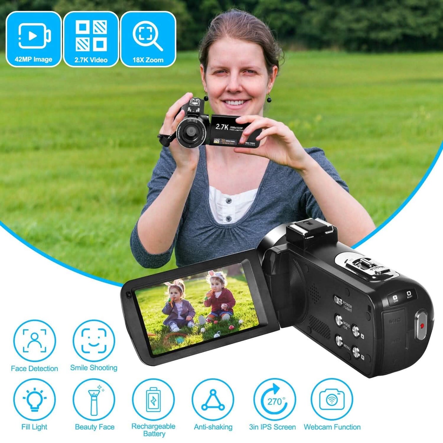 2.7K Camcorder 42MP 18x Zoom Digital Video Camera with 270° Rotating IPS Screen