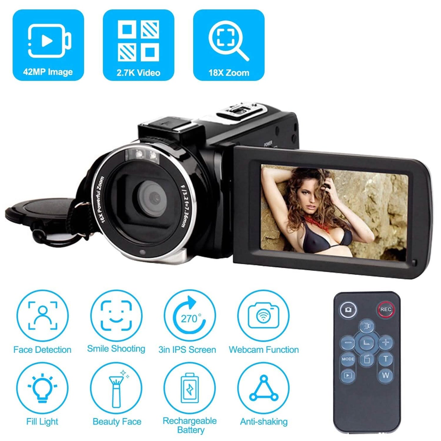 2.7K Camcorder 42MP 18x Zoom Digital Video Camera with 270° Rotating IPS Screen