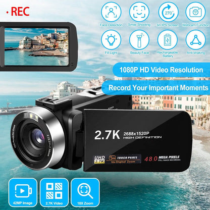 2.7K Camcorder 42MP 18x Zoom Digital Video Camera with 270° Rotating IPS Screen