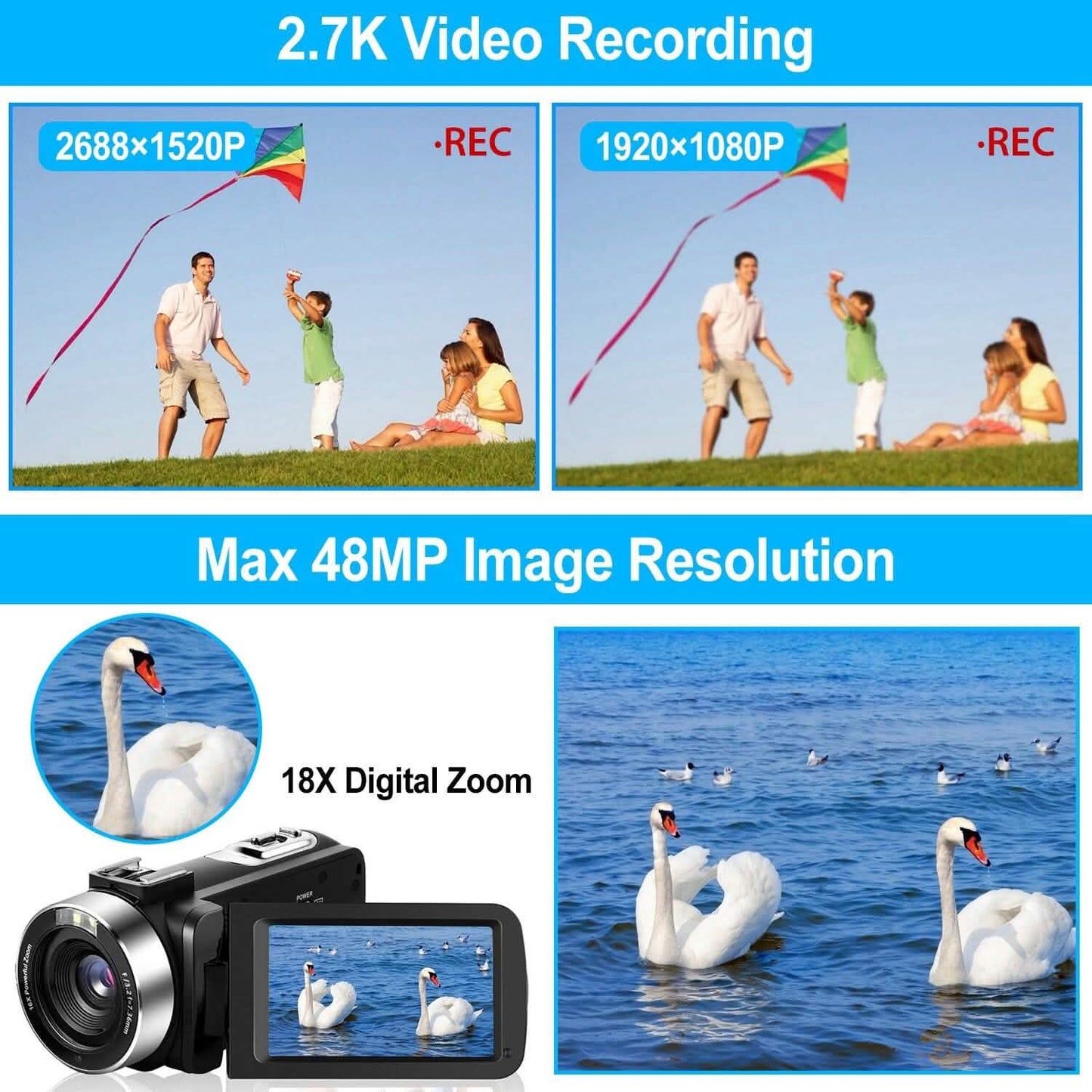 2.7K Camcorder 42MP 18x Zoom Digital Video Camera with 270° Rotating IPS Screen