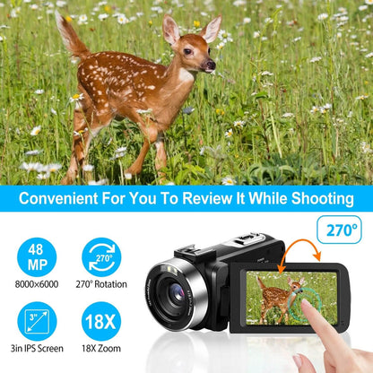 2.7K Camcorder 42MP 18x Zoom Digital Video Camera with 270° Rotating IPS Screen