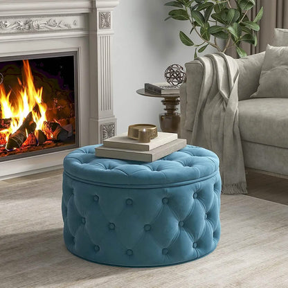 29.5" Tufted Velvet Round Ottoman Classic Button Living Room Footrest with Storage