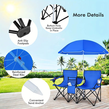 Folding Double Camping Chair with Umbrella (Blue)