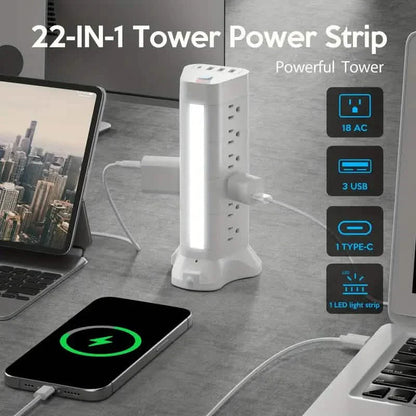 22-in-1 Power Strip Tower with 4 USB Ports & 9 AC Outlets, 10ft Extension Cable, 3-Color Night Light