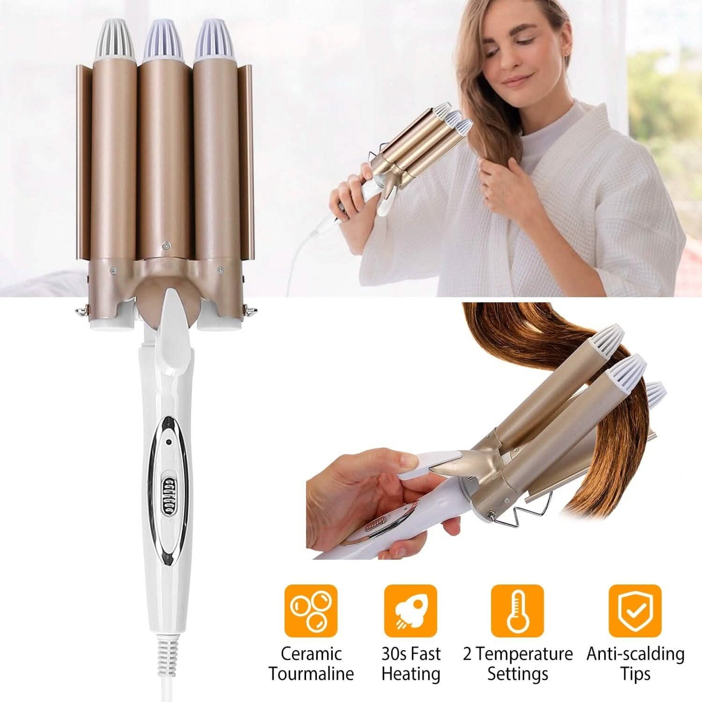3-Barrel Curling Iron Wand Electric Hair Curler 1" Triple Hair Waver