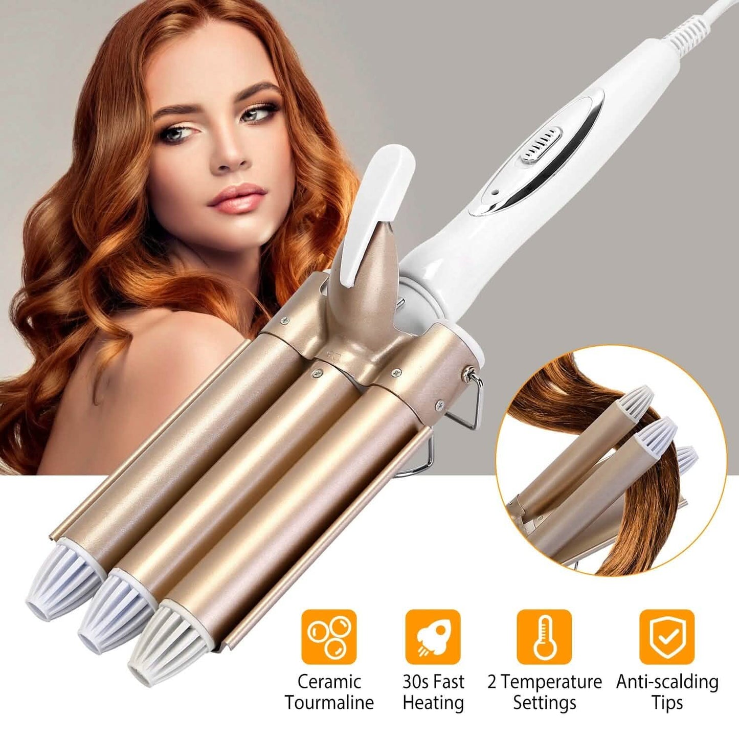3-Barrel Curling Iron Wand Electric Hair Curler 1" Triple Hair Waver