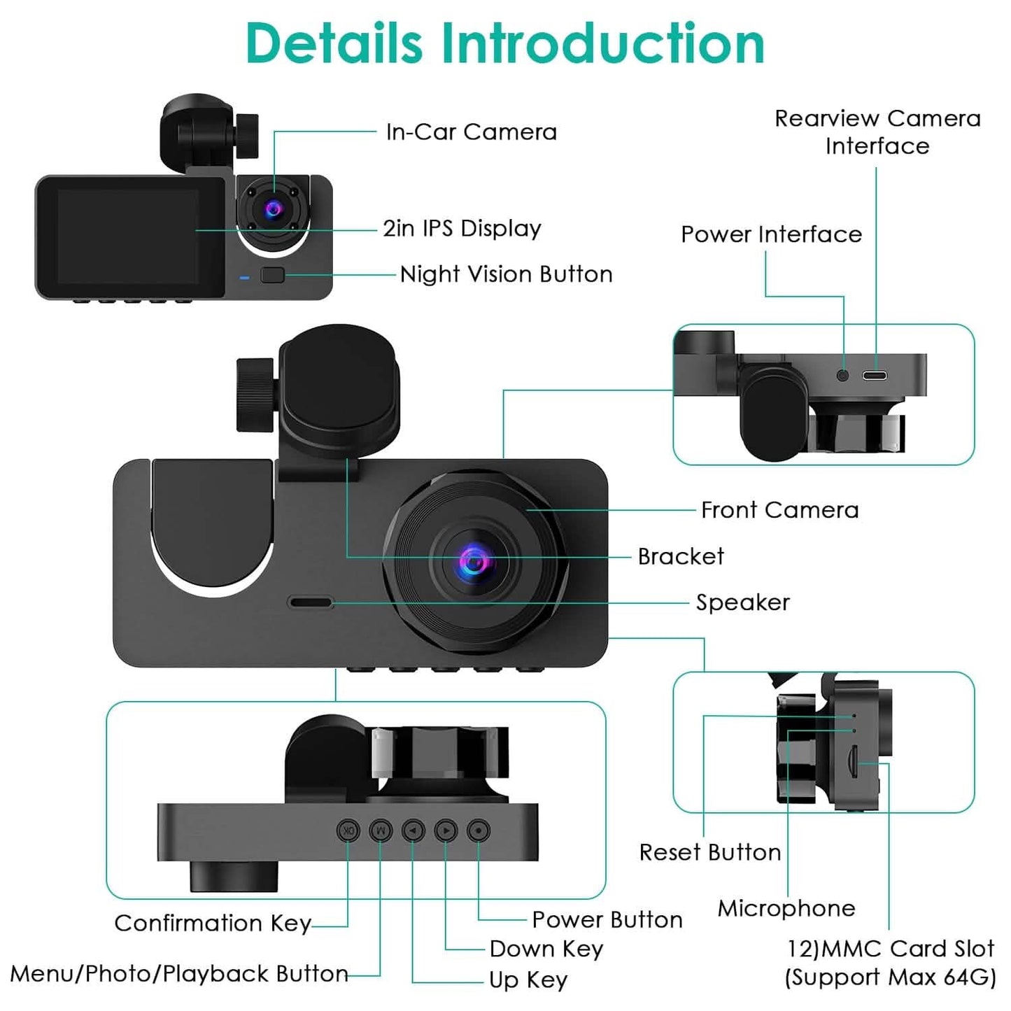 3 Channel Dash Cam Front Inside Rear Vehicle Driving Recorder Car DVR