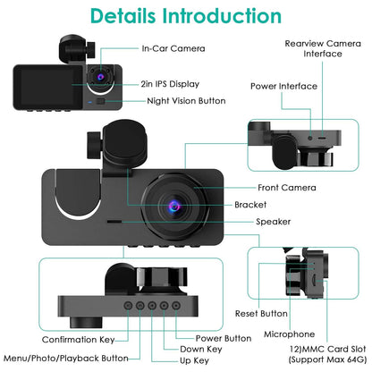3 Channel Dash Cam Front Inside Rear Vehicle Driving Recorder Car DVR