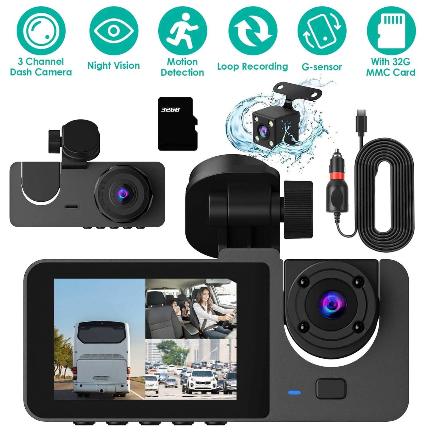 3 Channel Dash Cam Front Inside Rear Vehicle Driving Recorder Car DVR