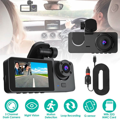 3 Channel Dash Cam Front Inside Rear Vehicle Driving Recorder Car DVR