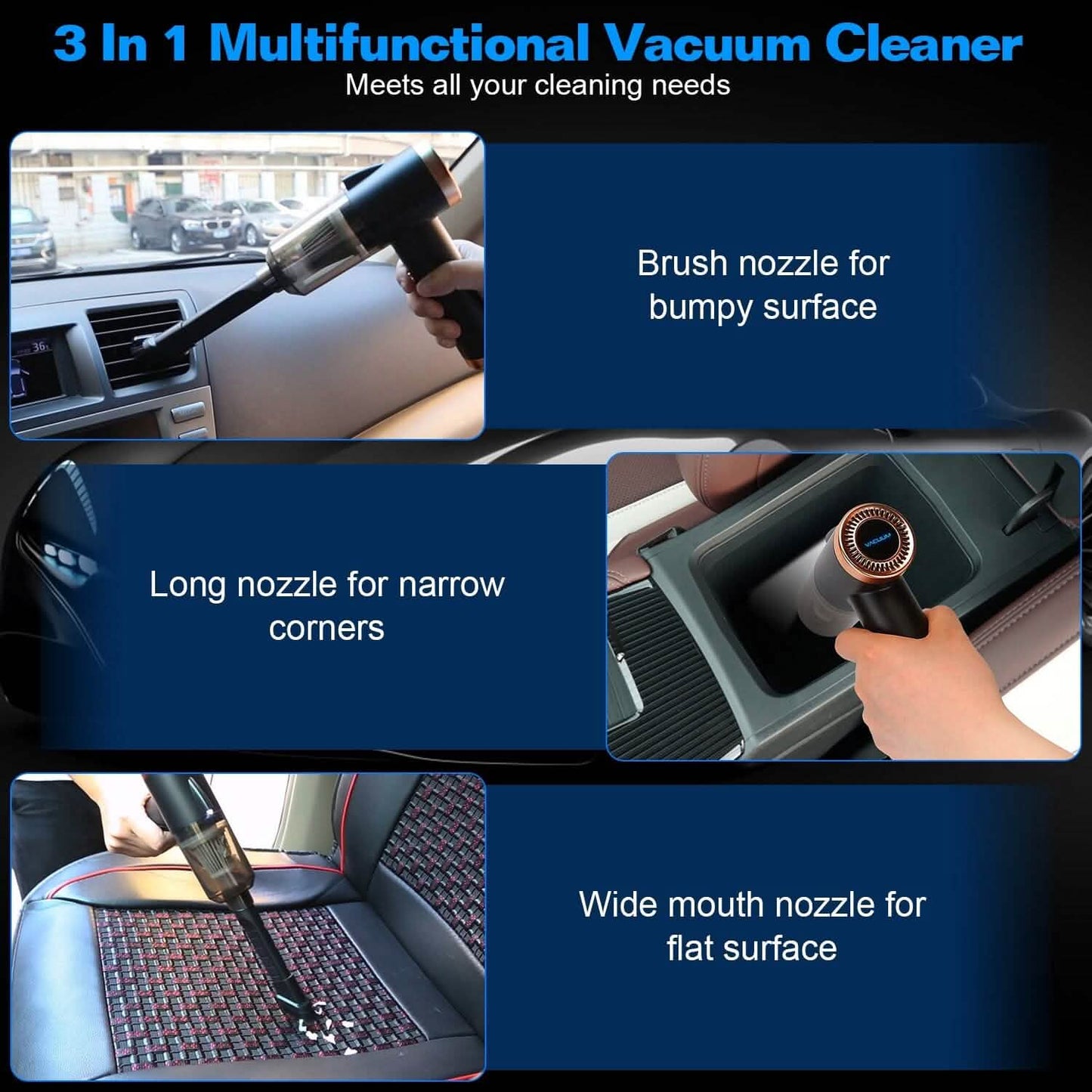 3-in-1 120W Portable Reachable Vacuum with Brush Nozzle