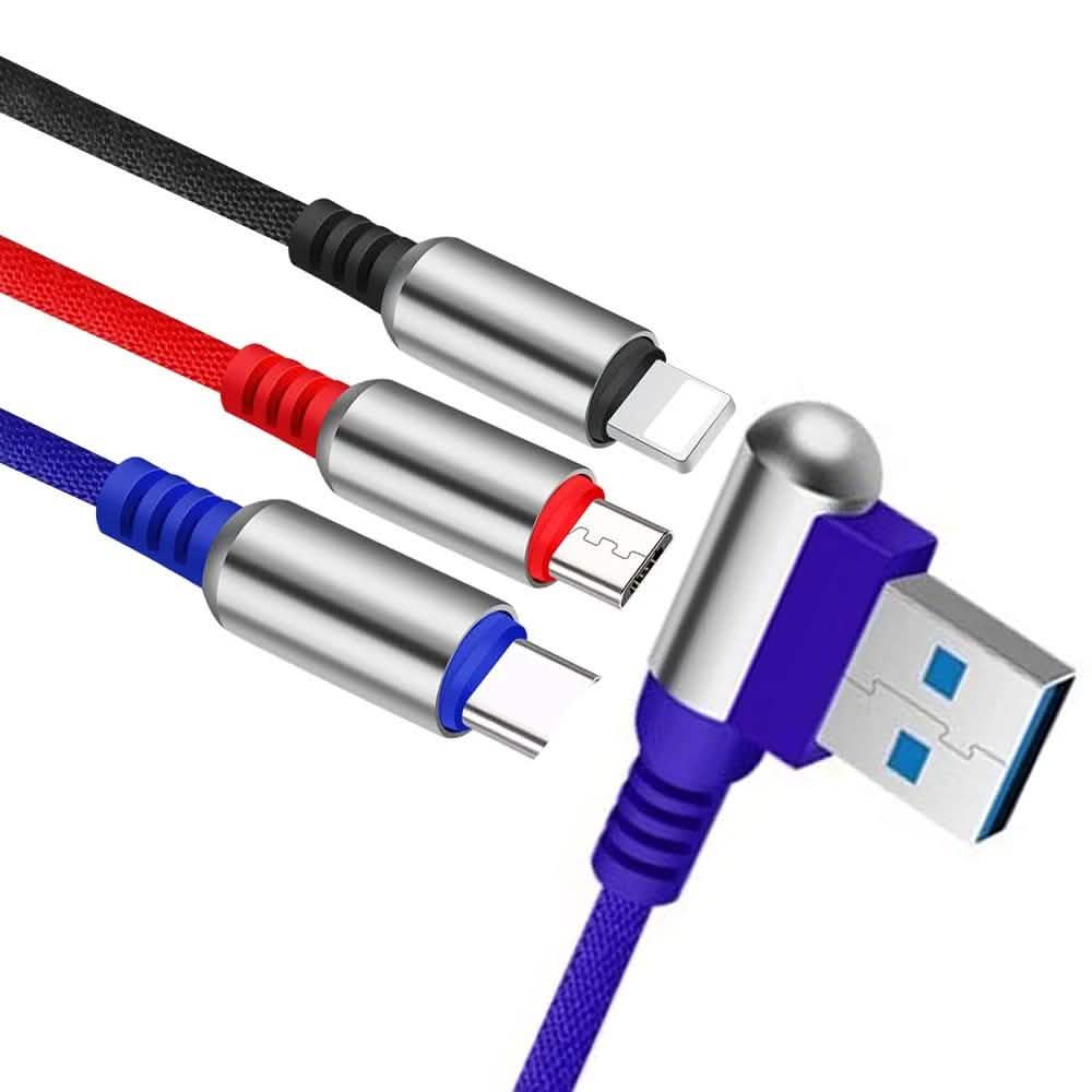 3-In-1 Charging Cable USB to Micro USB + Type C + Lightning Charging Cable Fast Charging