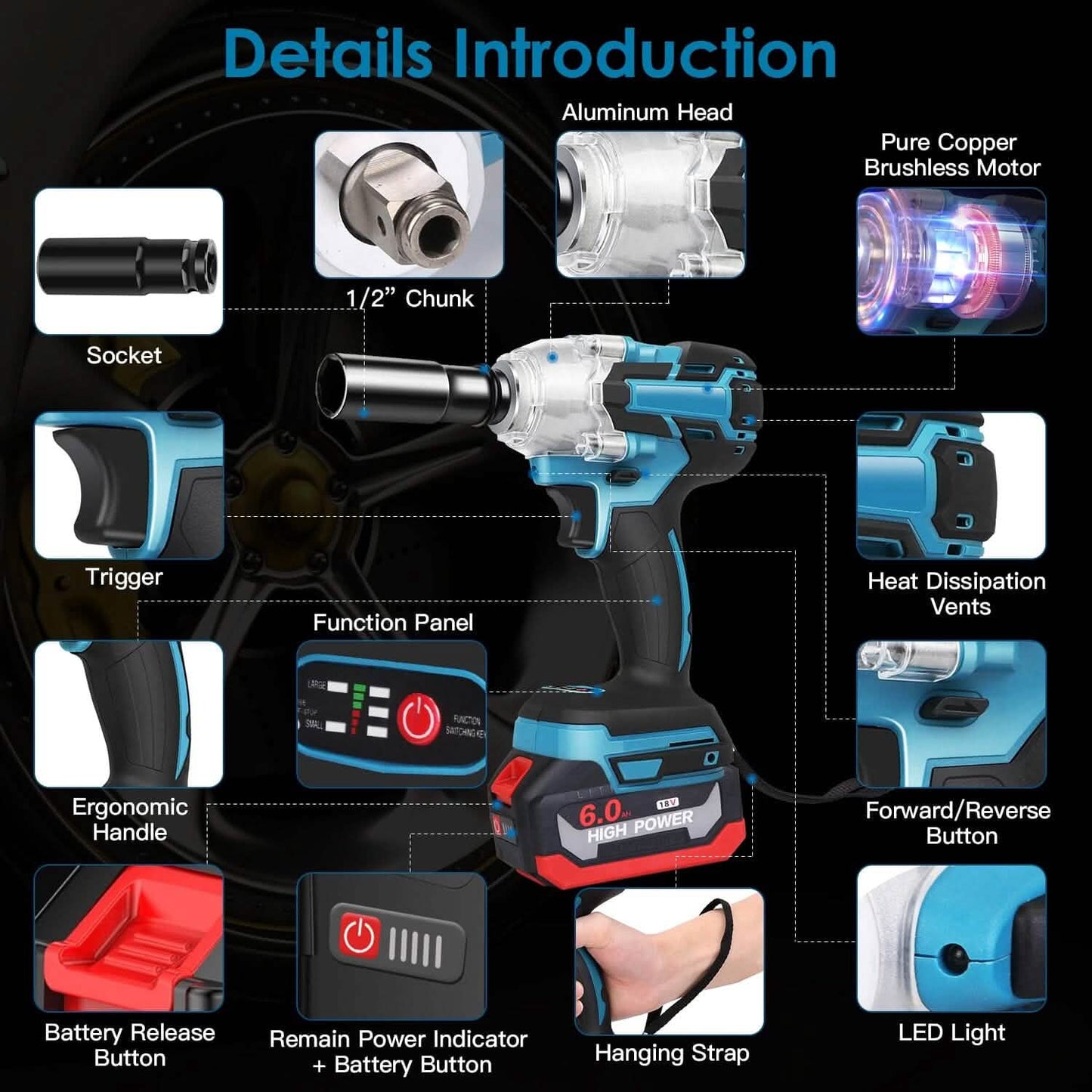 3-In-1 Cordless Electric Impact Wrench Drill Screwdriver with Brushless Motor Max 3450RPM Variable Speed