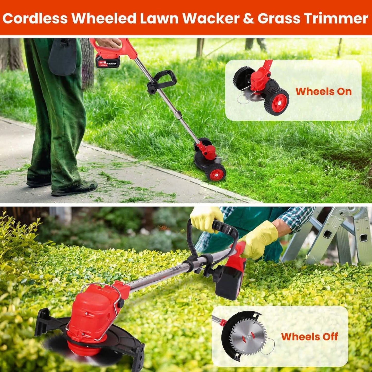 3-in-1 Electric Cordless Grass Wacker Battery Powered Grass Trimmer with Wheels Adjustable Head with 2-Pieces 2500mAh Batteries