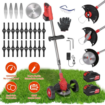 3-in-1 Electric Cordless Grass Wacker Battery Powered Grass Trimmer with Wheels Adjustable Head with 2-Pieces 2500mAh Batteries