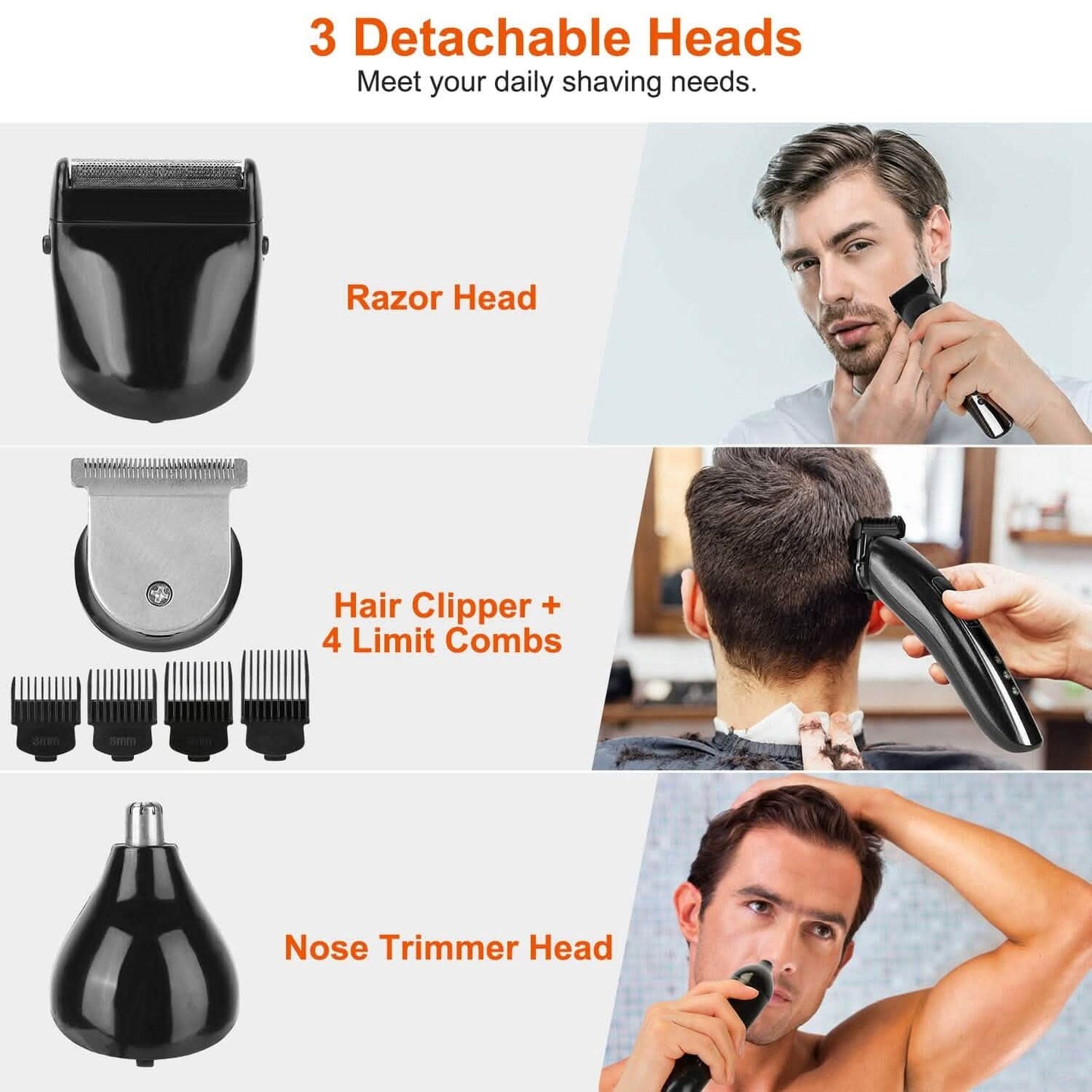 3-in-1 Rechargeable Hair Clipper Cordless Hair Trimmer Shaver