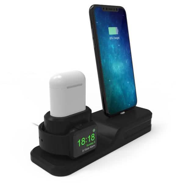 3-in-1 Silicone Charging Station Dock for Apple Watch AirPods and iPhone + 2 Lightning Cables