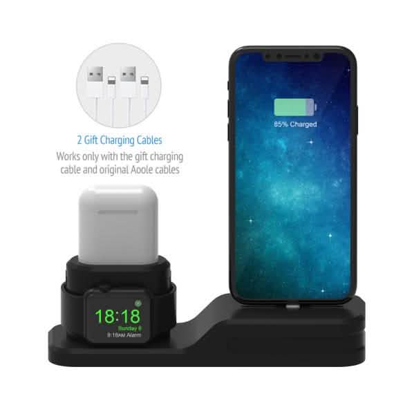 3-in-1 Silicone Charging Station Dock for Apple Watch AirPods and iPhone + 2 Lightning Cables