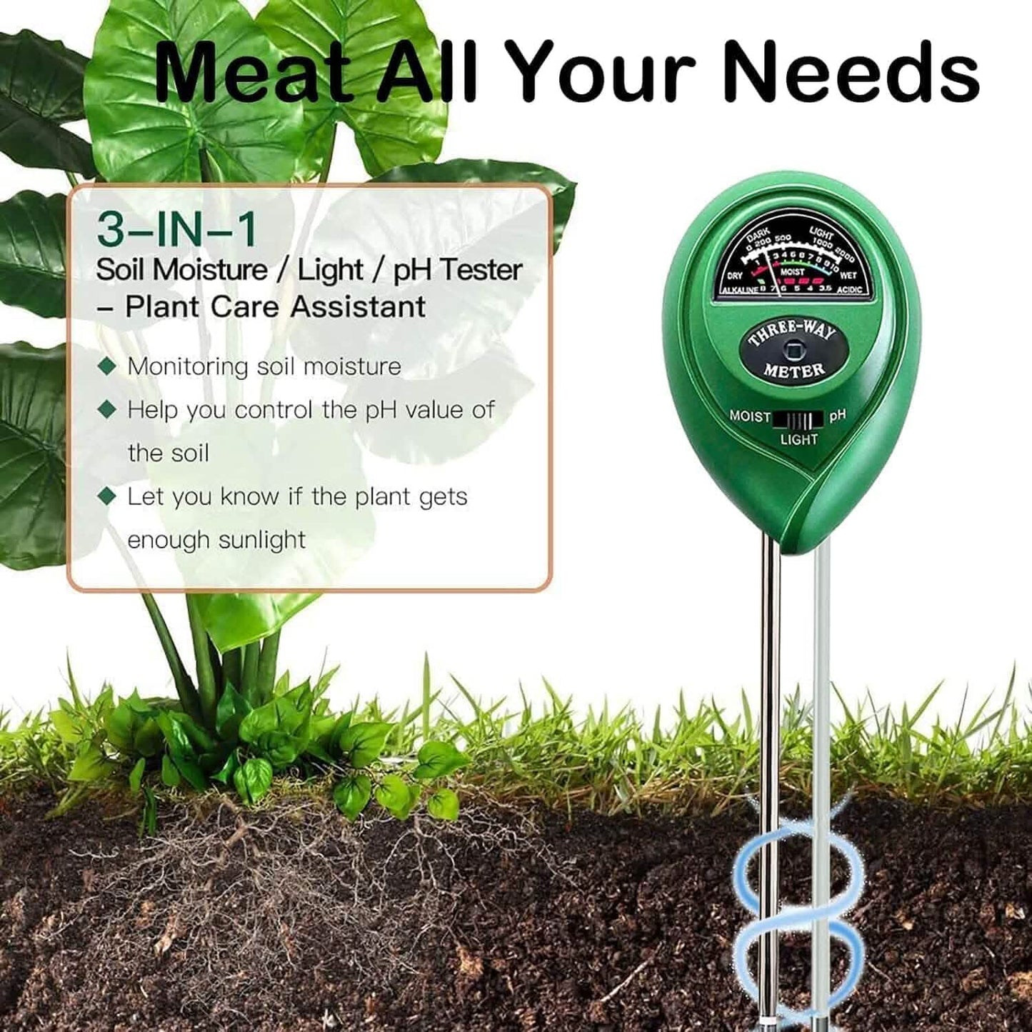 3-in-1 Soil Moisture Meter Probe Tester pH/Light for Plants