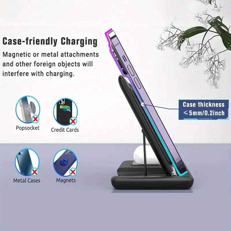 3-in-1 Wireless Charger Qi Fast 15W Charging Stand Pad