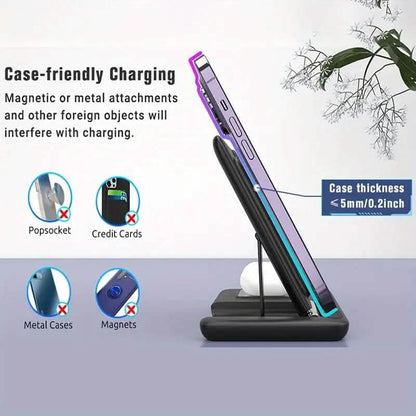 3-in-1 Wireless Charger Qi Fast 15W Charging Stand Pad