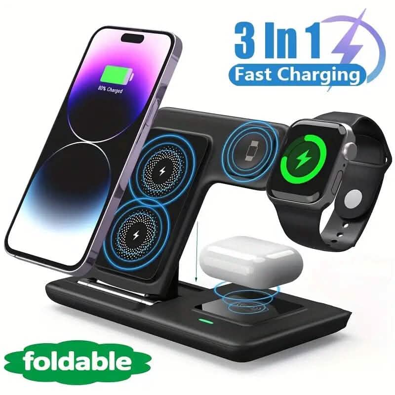 3-in-1 Wireless Charger Qi Fast 15W Charging Stand Pad