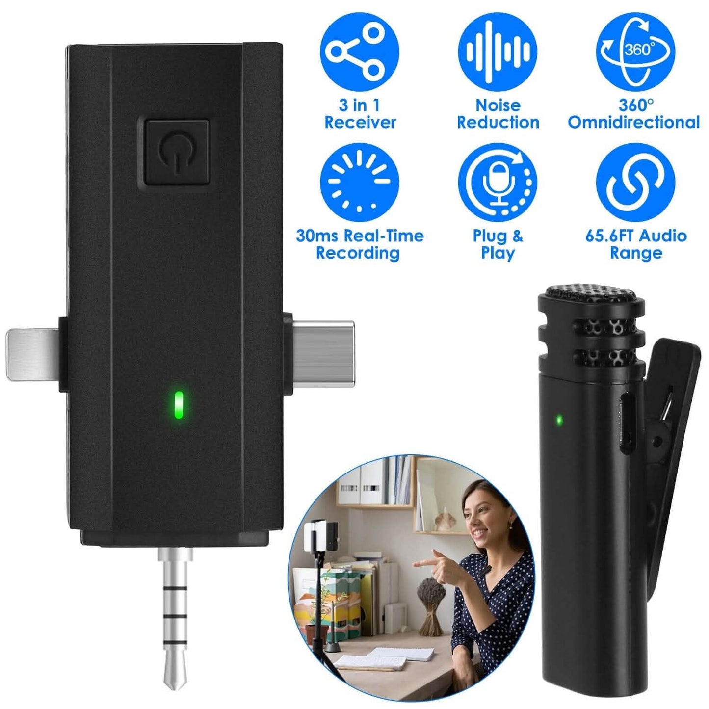 3-in-1 Wireless Clip On Microphone Omnidirectional Noise Reduction Plug