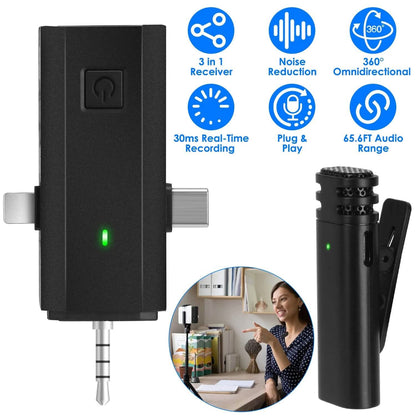 3-in-1 Wireless Clip On Microphone Omnidirectional Noise Reduction Plug