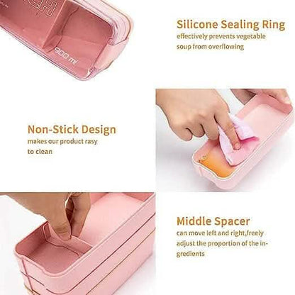 3-Layer Stackable Bento Box Japanese Lunch Box Kit with Spoon & Fork