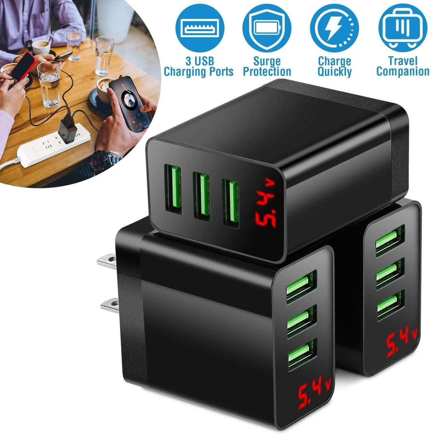 3-Pack: 3-Port USB Hub Charger Wall Power Charging Plug Adapter
