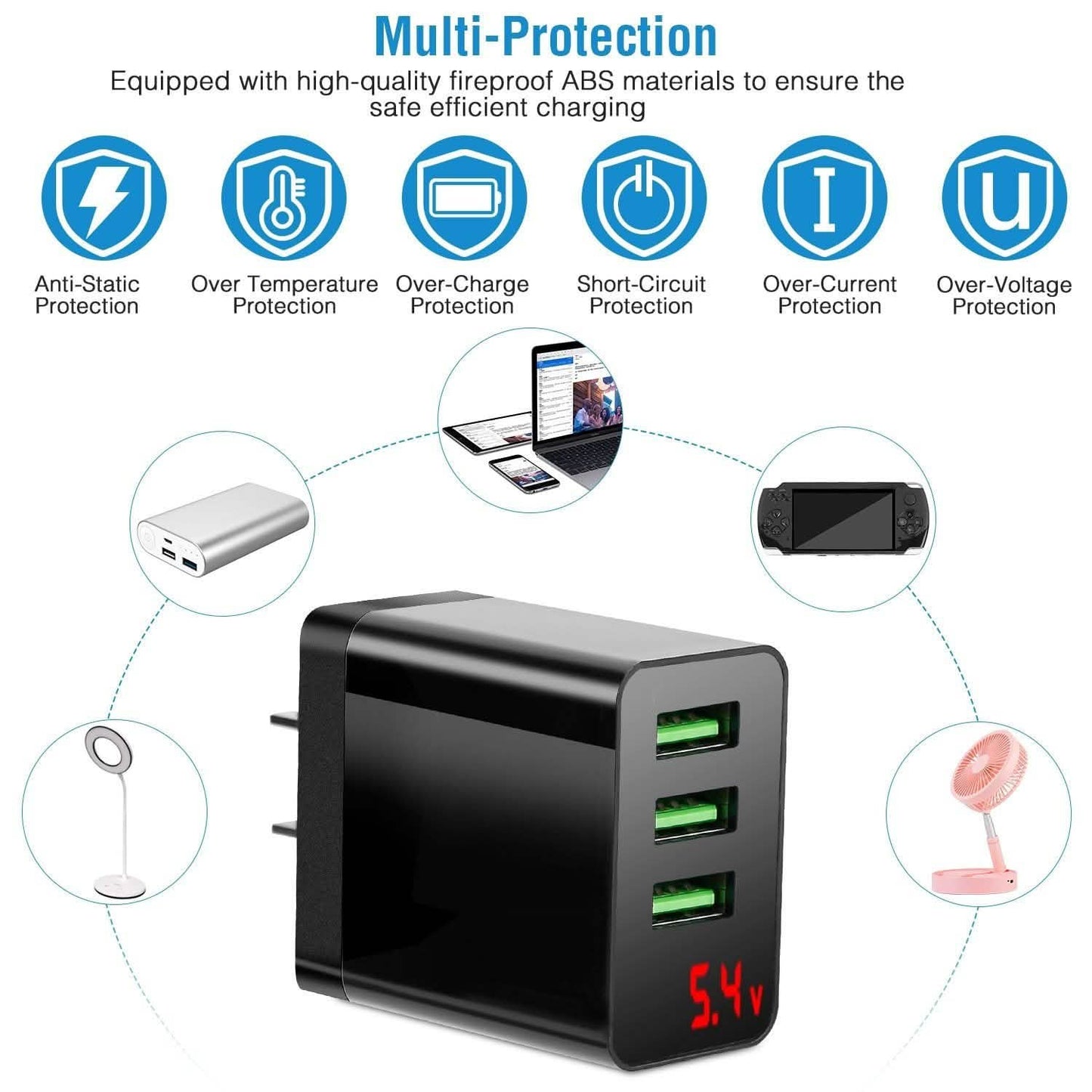 3-Pack: 3-Port USB Hub Charger Wall Power Charging Plug Adapter