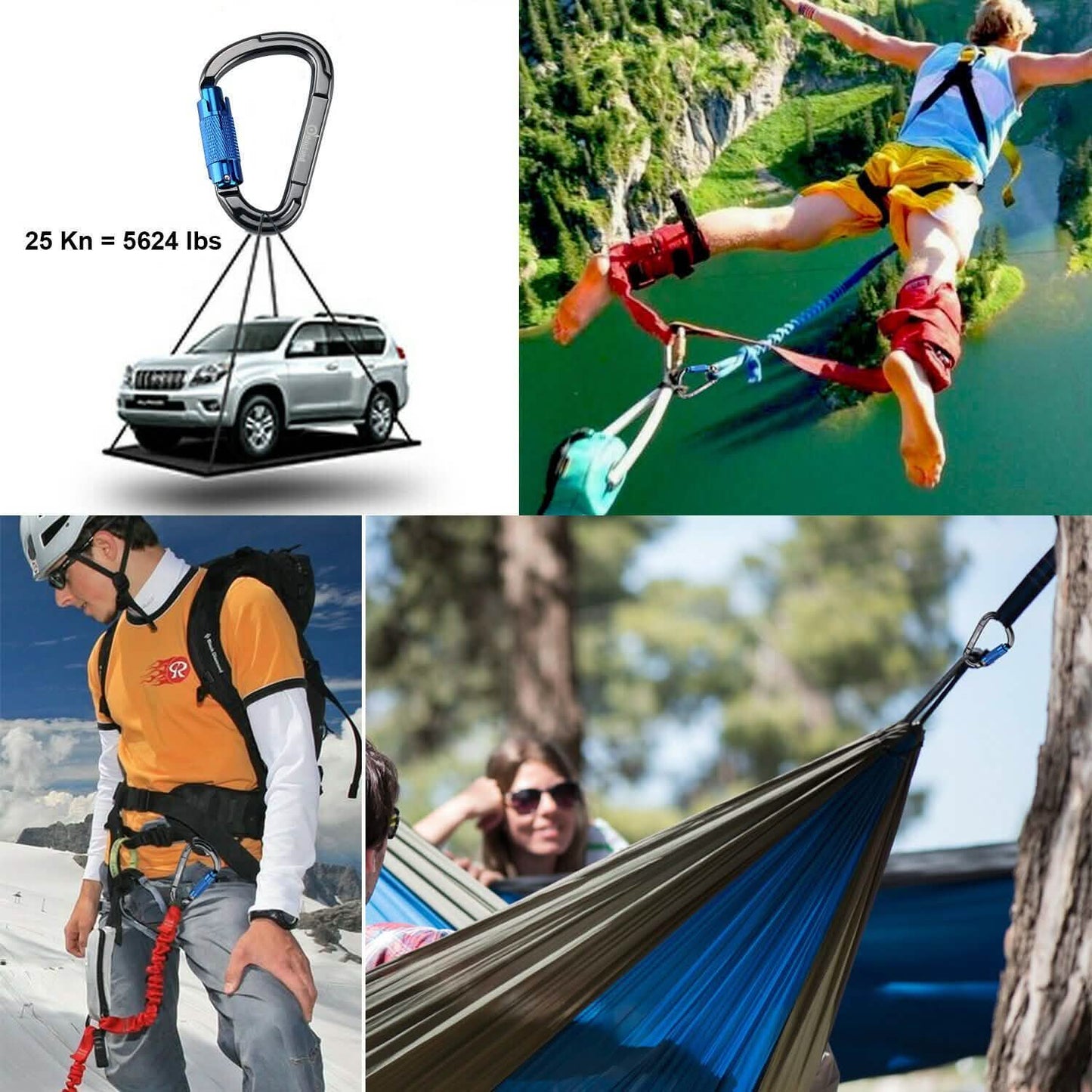 3-Pack: Auto Locking Rock Climbing Carabiner Clips Heavy Duty Caribeaners D-Shaped