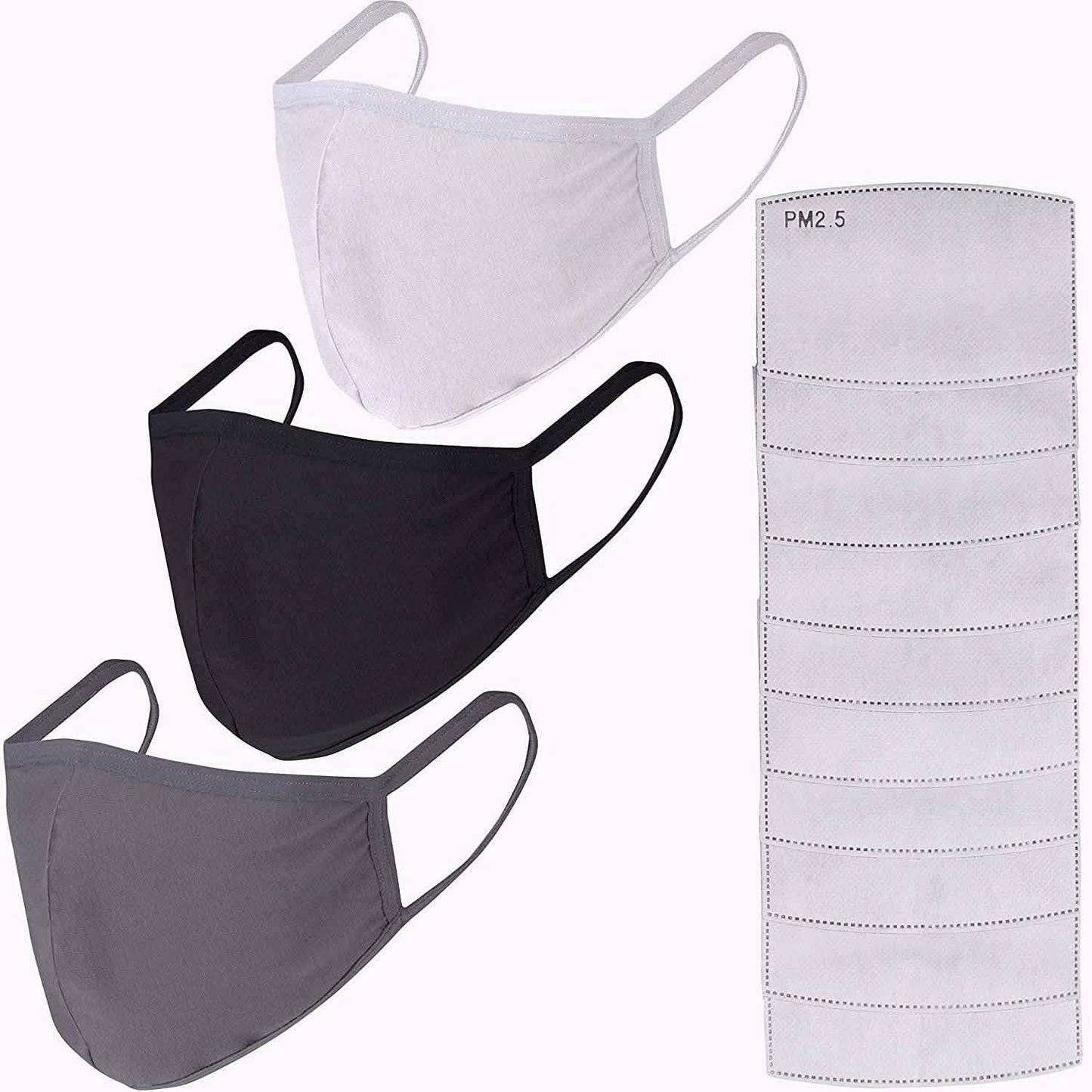 3-Pack: Cotton Reusable Face Masks with 10 Filters