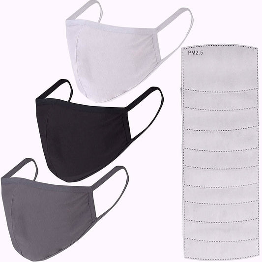 3-Pack: Cotton Reusable Face Masks with 10 Filters