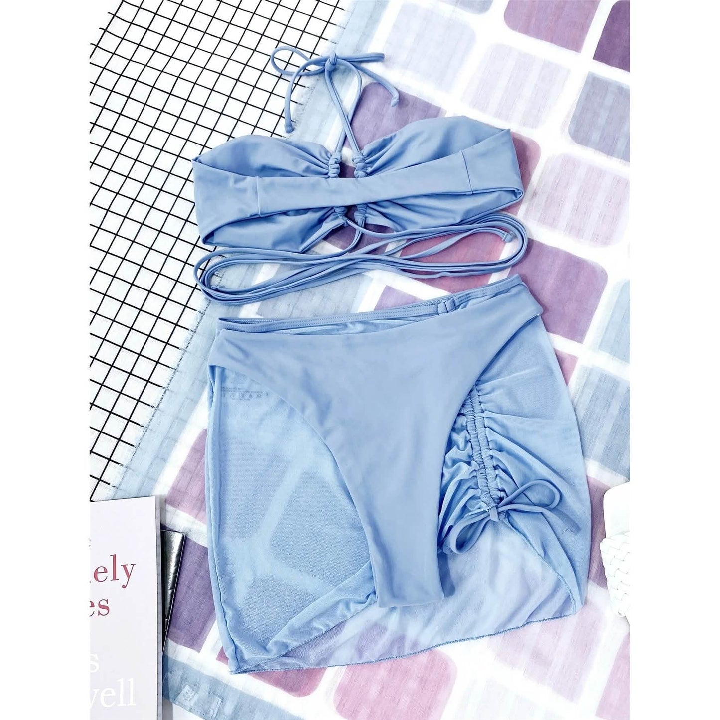 3-Pack: Criss Cross Halter Bikini Swimsuit & Beach Skirt