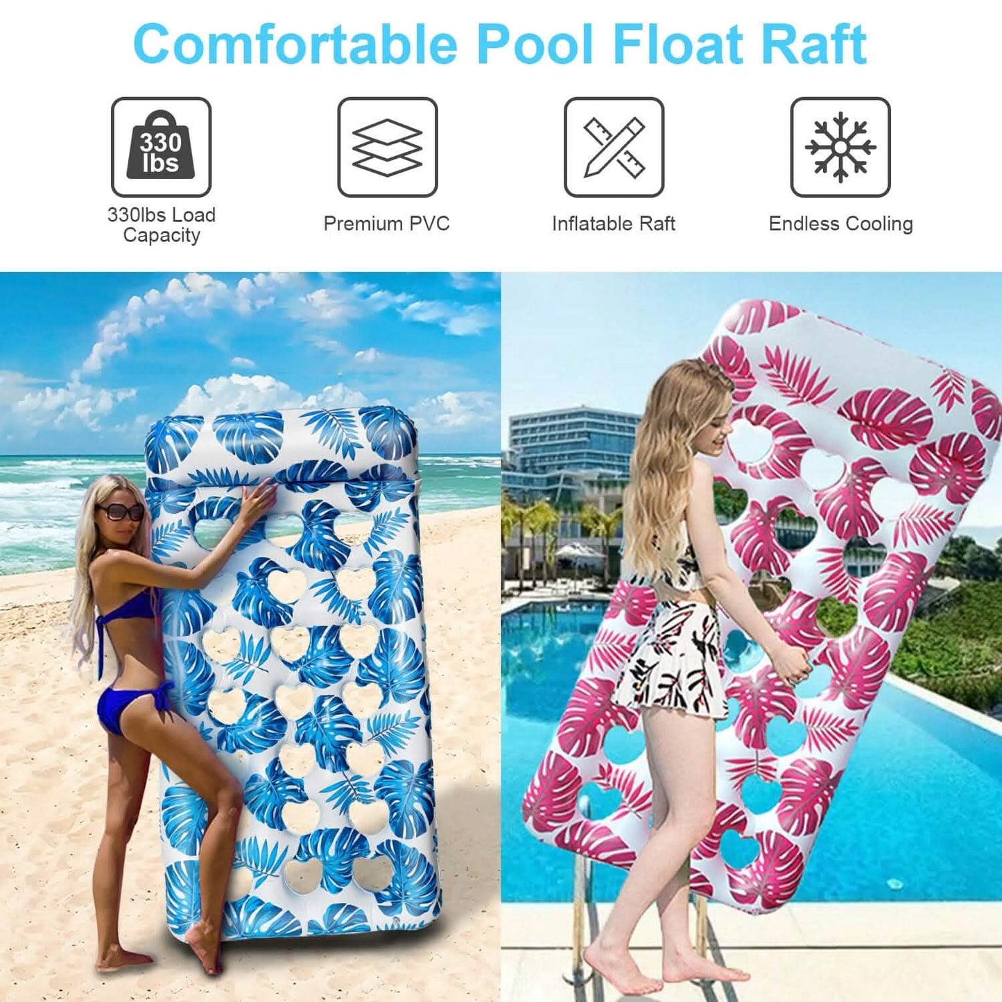 3-Pack: Inflatable Pool Float Raft Water Lounge 330lbs Load-Bearing Mattress with Headrest