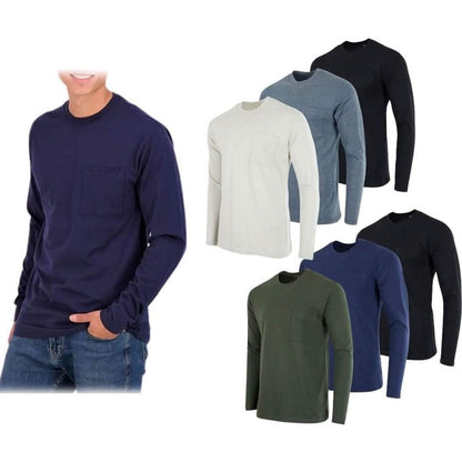 3-Pack: Men's Cotton Long Sleeve T-Shirt with Chest Pocket