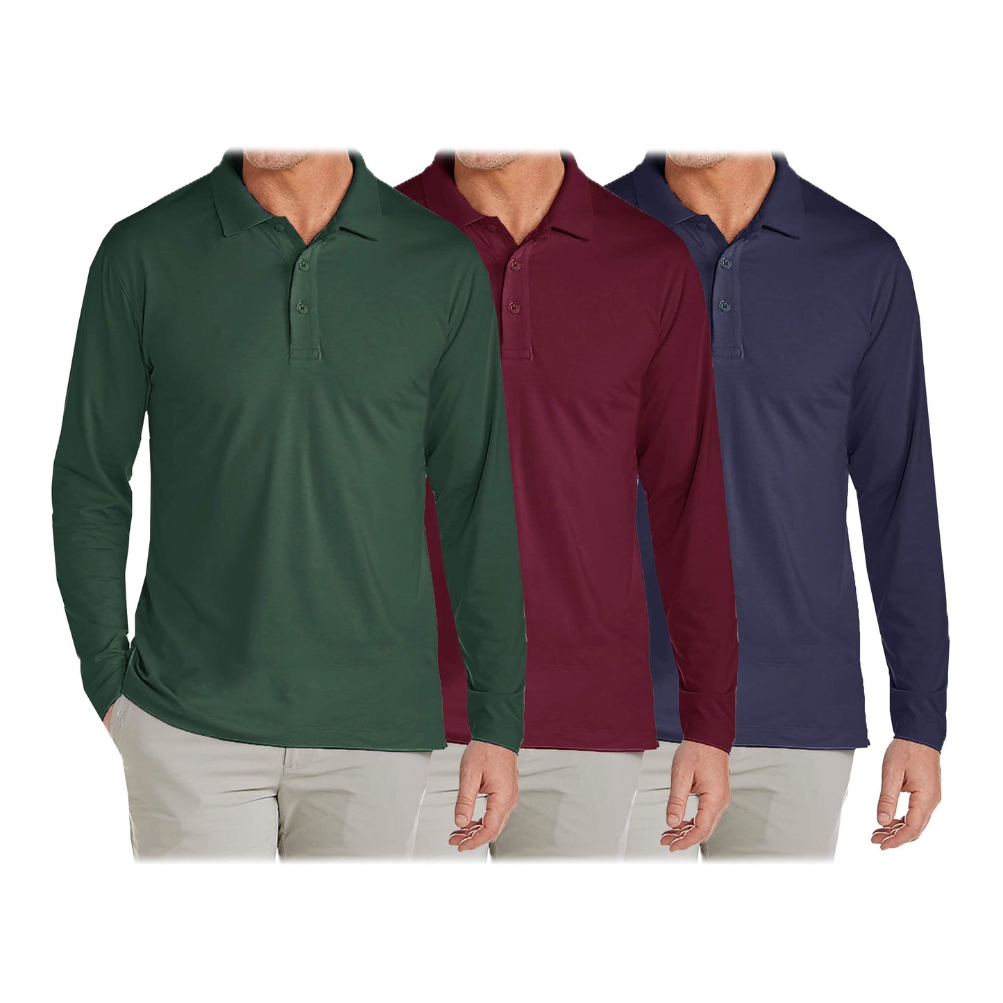 3-Pack: Men's Long Sleeve Pique Polo Shirts
